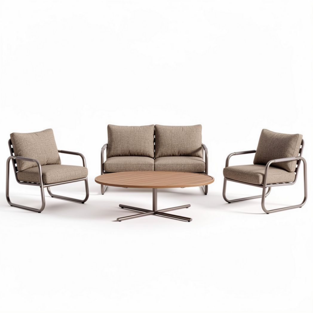 Canapé et fauteuils en métal avec coussins beiges et table en bois diamètre 80cm