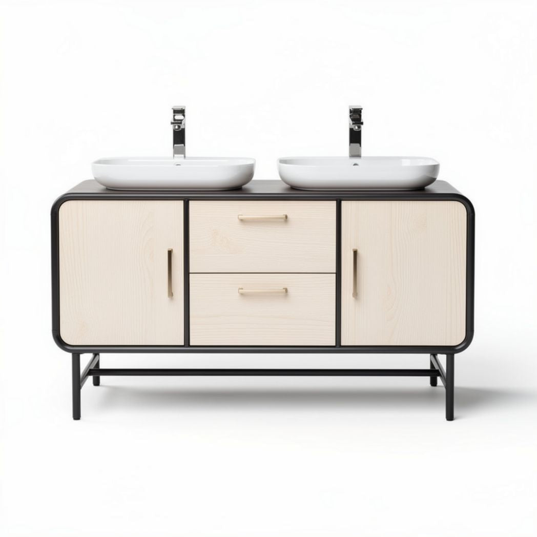 Meuble sous-lavabo double en bois clair avec tiroirs 120 x 50 x 80cm