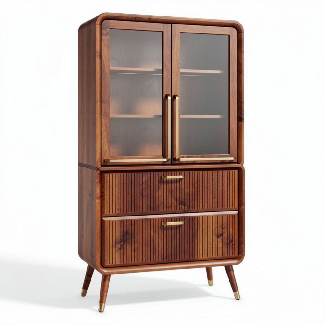 Vitrine en bois de noyer avec portes vitrées et tiroirs en dessous 90 x 45 x 150cm