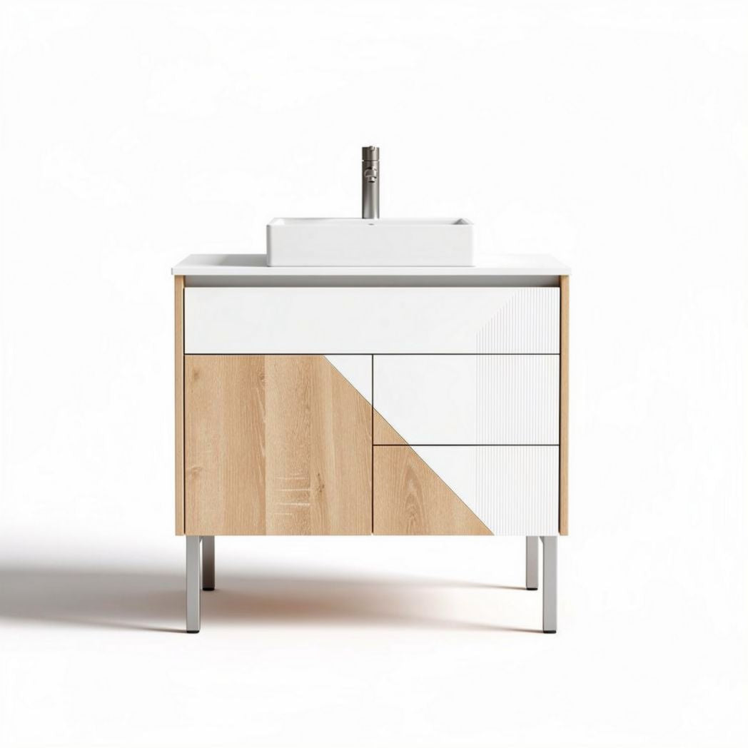 Meuble de salle de bains en bois clair et blanc avec lavabo intégré 80 x 45 x 85cm