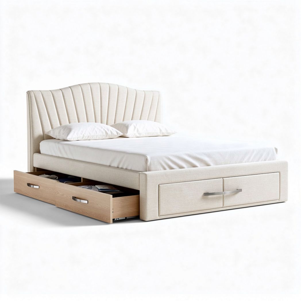 Lit avec tête de lit en tissu beige et tiroirs de rangement dimensions 200 x 160 x 100cm