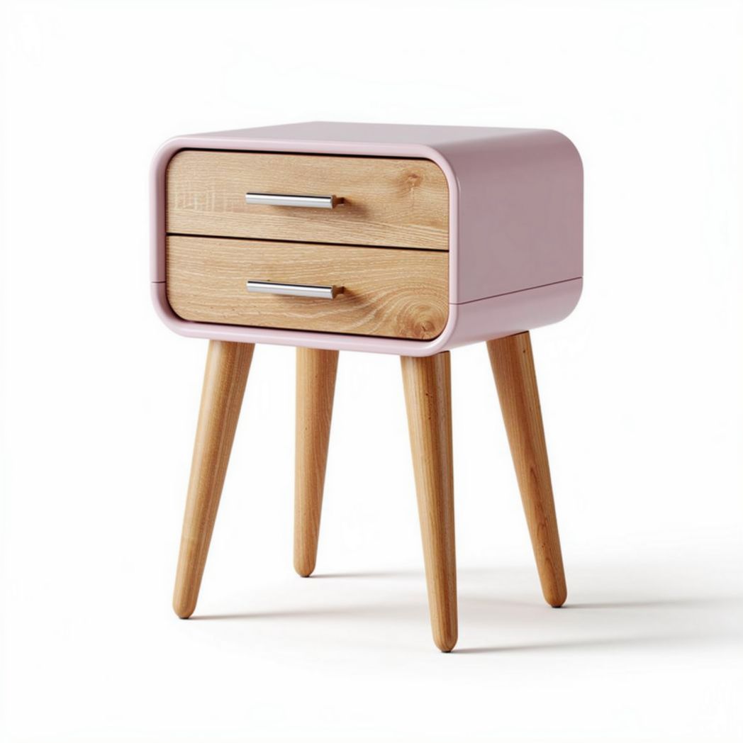 Table de chevet en bois et MDF rose avec deux tiroirs 60 x 40 x 45cm