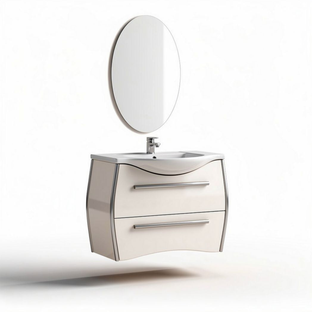 Meuble de salle de bain moderne blanc avec miroir oval 80 x 45 x 60cm