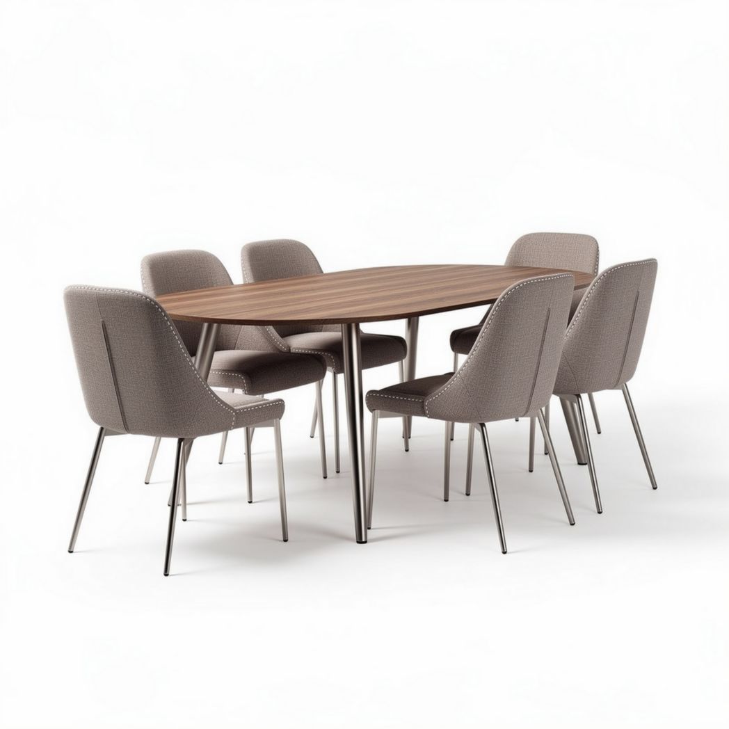 Table rectangulaire en bois avec six chaises en tissu gris 150 x 80 x 75cm