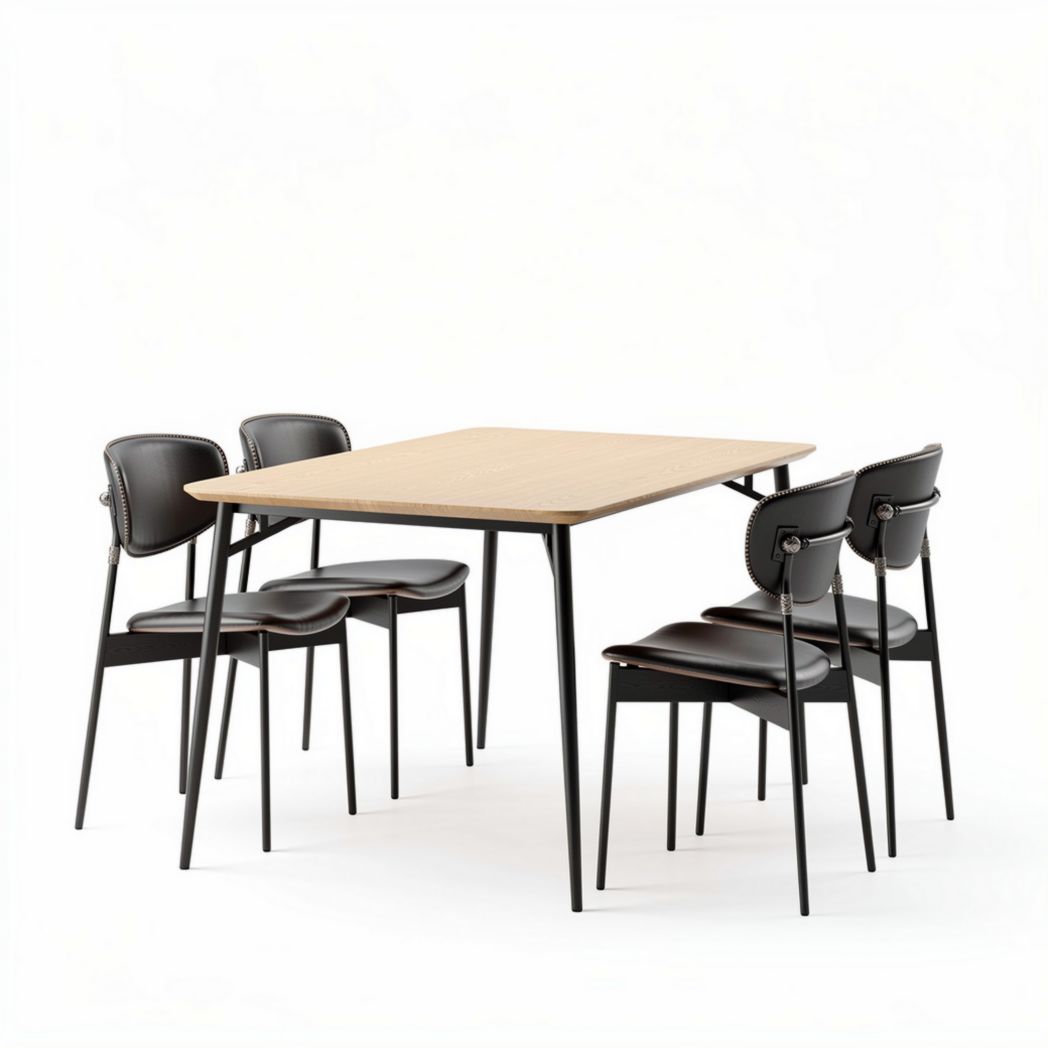 Table rectangulaire en bois avec quatre chaises noires en métal 120 x 80 x 75cm