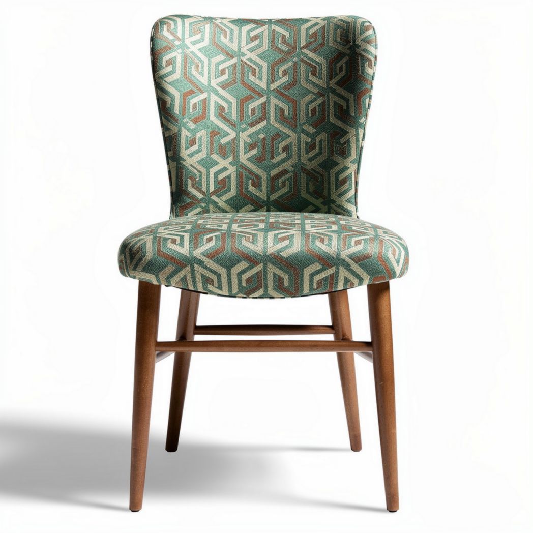 Chaise en tissu géométrique vert et marron avec pieds en bois 45 x 45 x 90cm