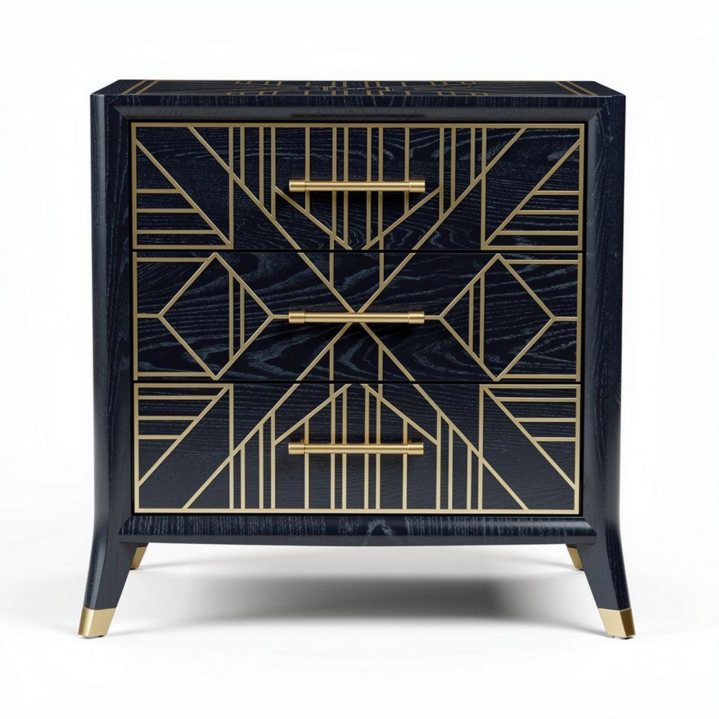 Commode en bois noir 3 tiroirs avec motif géométrique doré 60 x 40 x 70cm